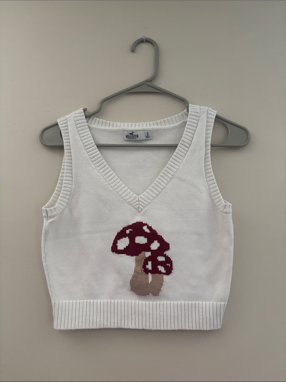 Hollister White Knit V-Neck Vest with Red Mushroom Motif